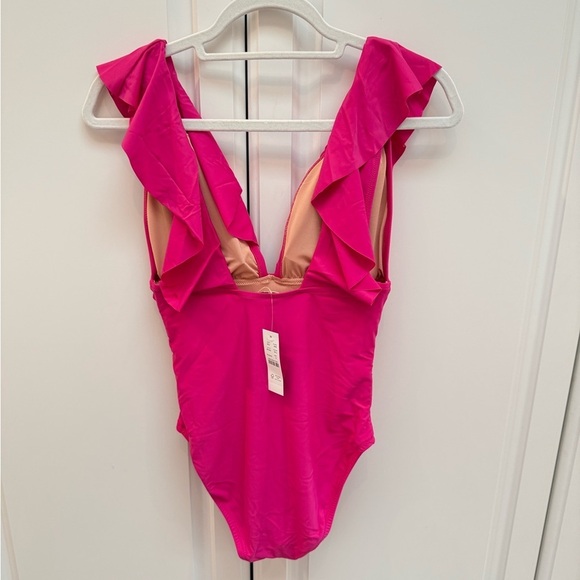 NEW J. Crew Pink Ruched Ruffle one-piece swimsuit - size 12 - Picture 3 of 10
